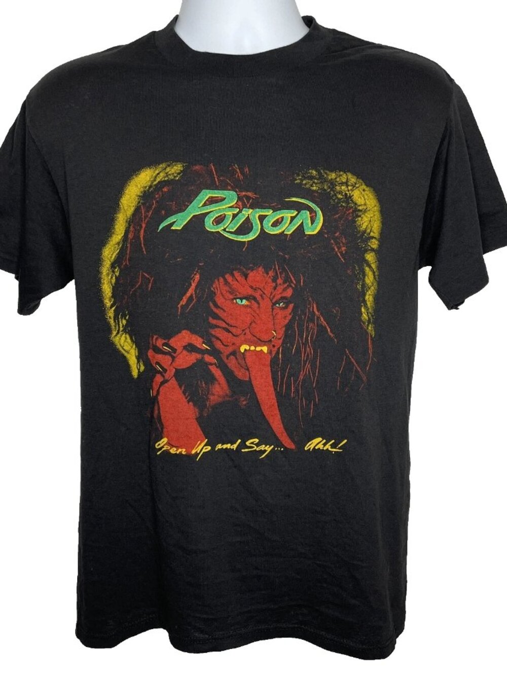 Vintage 1988 Poison Open Up Say Ahh Black T-shirt Size L Glam Rock Hair Metal